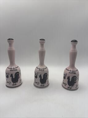Vintage White & Black Rooster Pottery Spice Shaker Set *